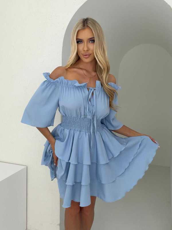 MR323 Sukienka Hiszpanka Krótki Rękaw Lila Niebieska