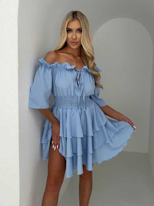 MR323 Sukienka Hiszpanka Krótki Rękaw Lila Niebieska