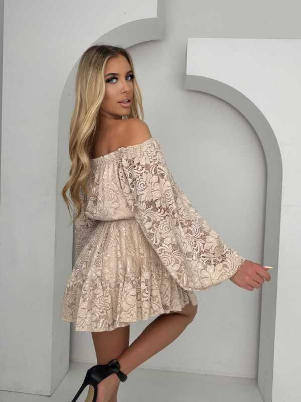 MR325 Kombinezon/Sukienka Hiszpanka Koronka Beżowy