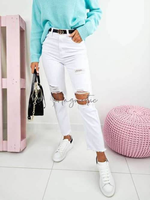 J53 Spodnie Jeansy Mom Fit z dziurami White