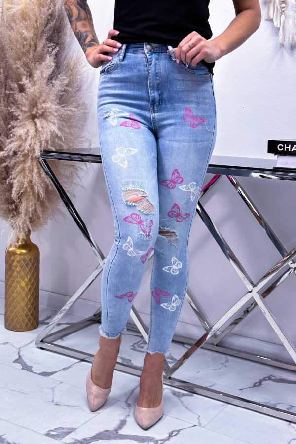 NB084 Spodnie Jeansy Denim Niebieskie w Różowe Serca