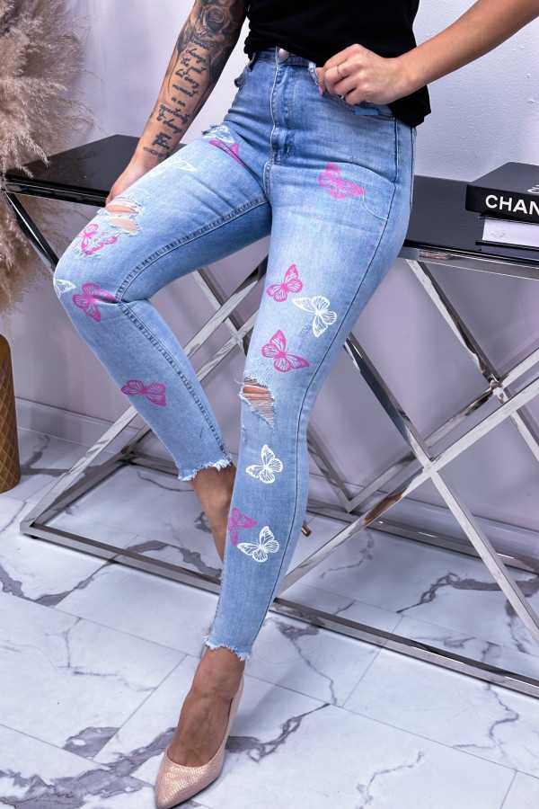 NB084 Spodnie Jeansy Denim Niebieskie w Różowe Serca