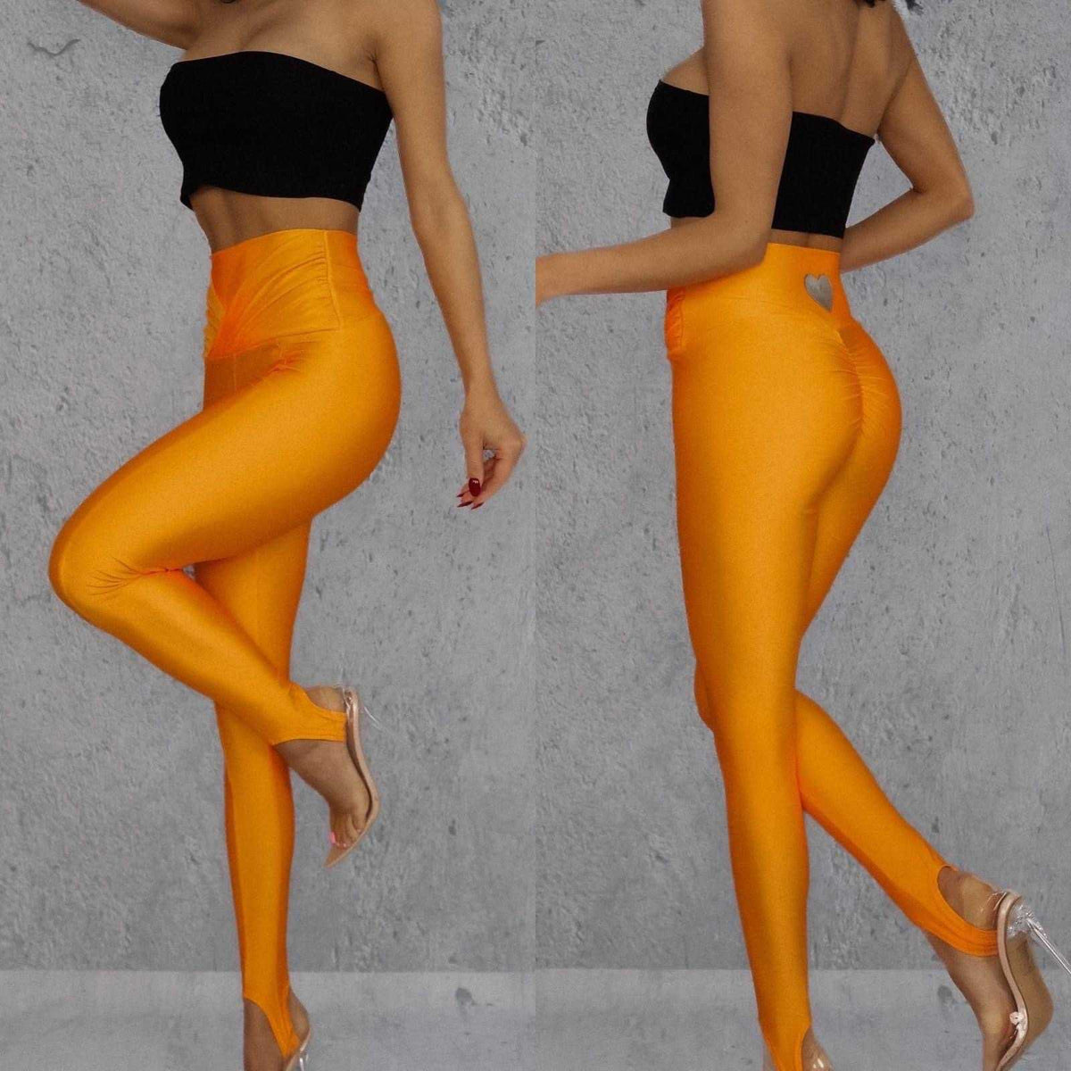 LD056 Legginsy Modelujące Lycra + Zapiętki Pomarańczowe