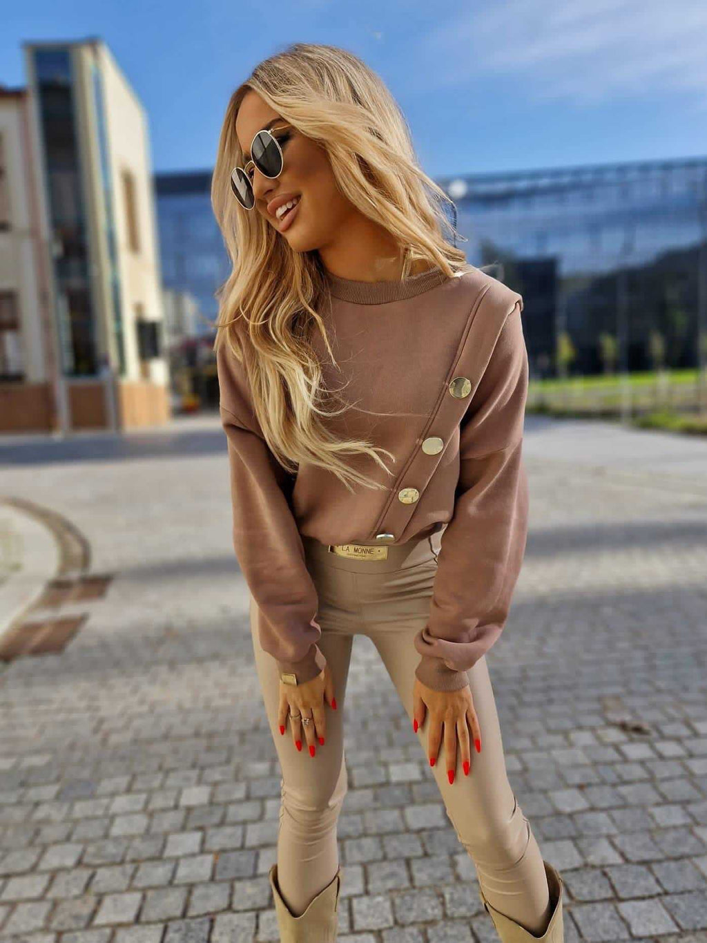 LM360 Legginsy LM Ekoskóra + Logo Jasny Beż