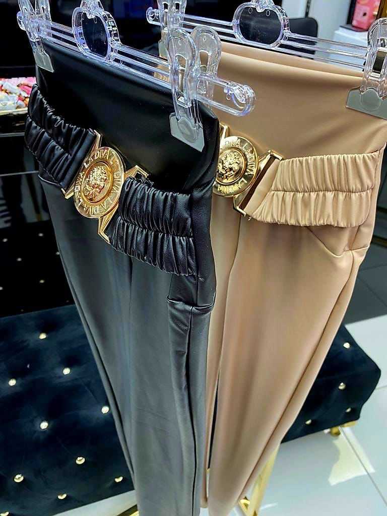 LD491 Legginsy Modelujące Ekoskóra + Pasek Lew Beżowe
