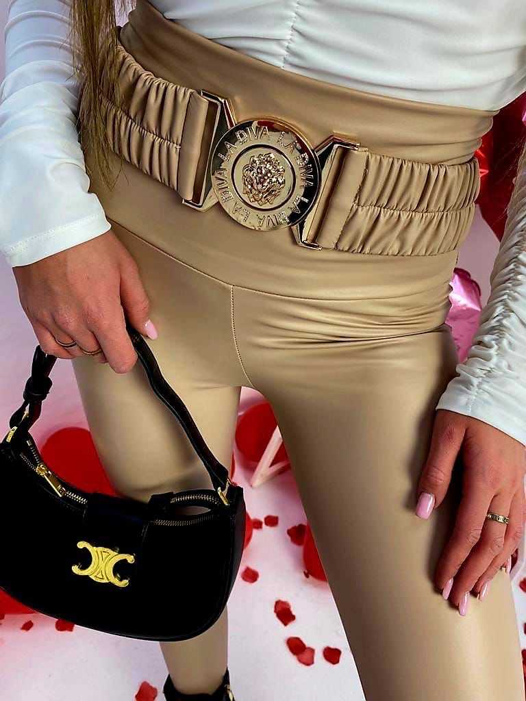 LD491 Legginsy Modelujące Ekoskóra + Pasek Lew Beżowe