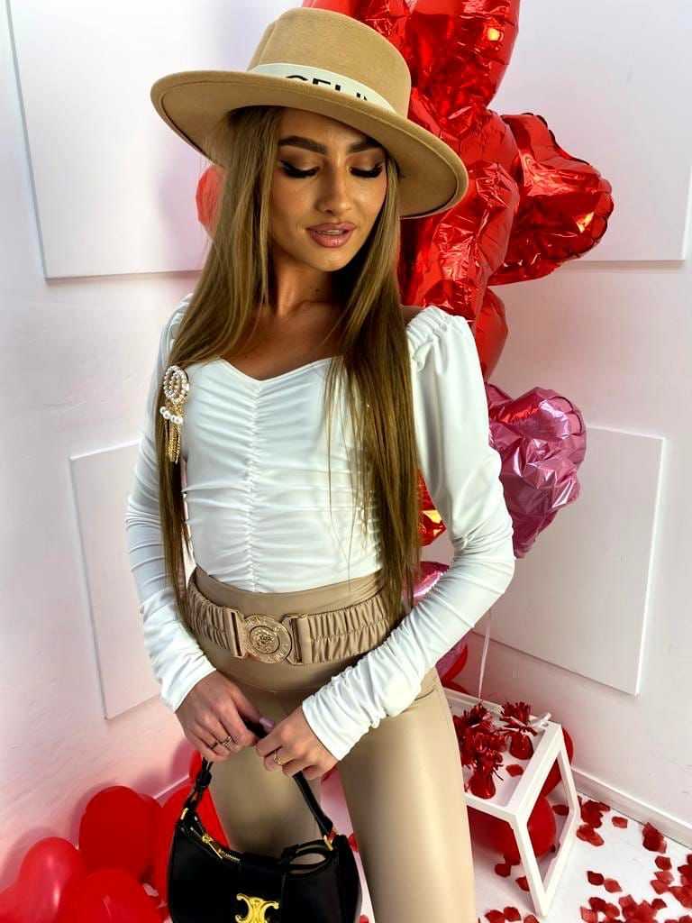 LD491 Legginsy Modelujące Ekoskóra + Pasek Lew Beżowe