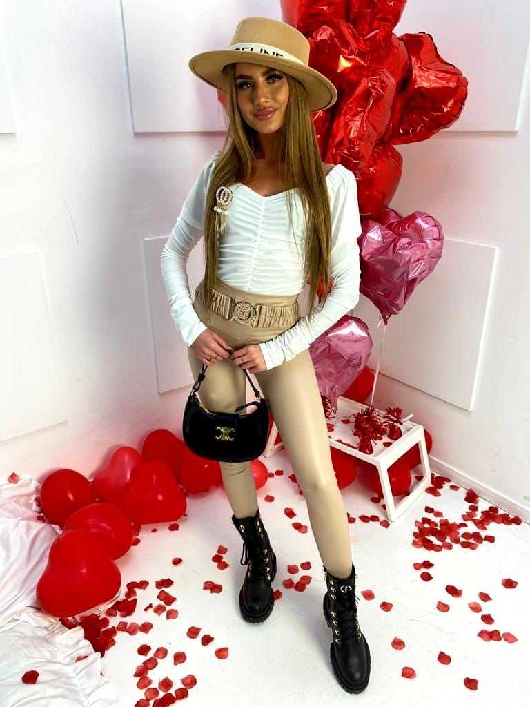 LD491 Legginsy Modelujące Ekoskóra + Pasek Lew Beżowe