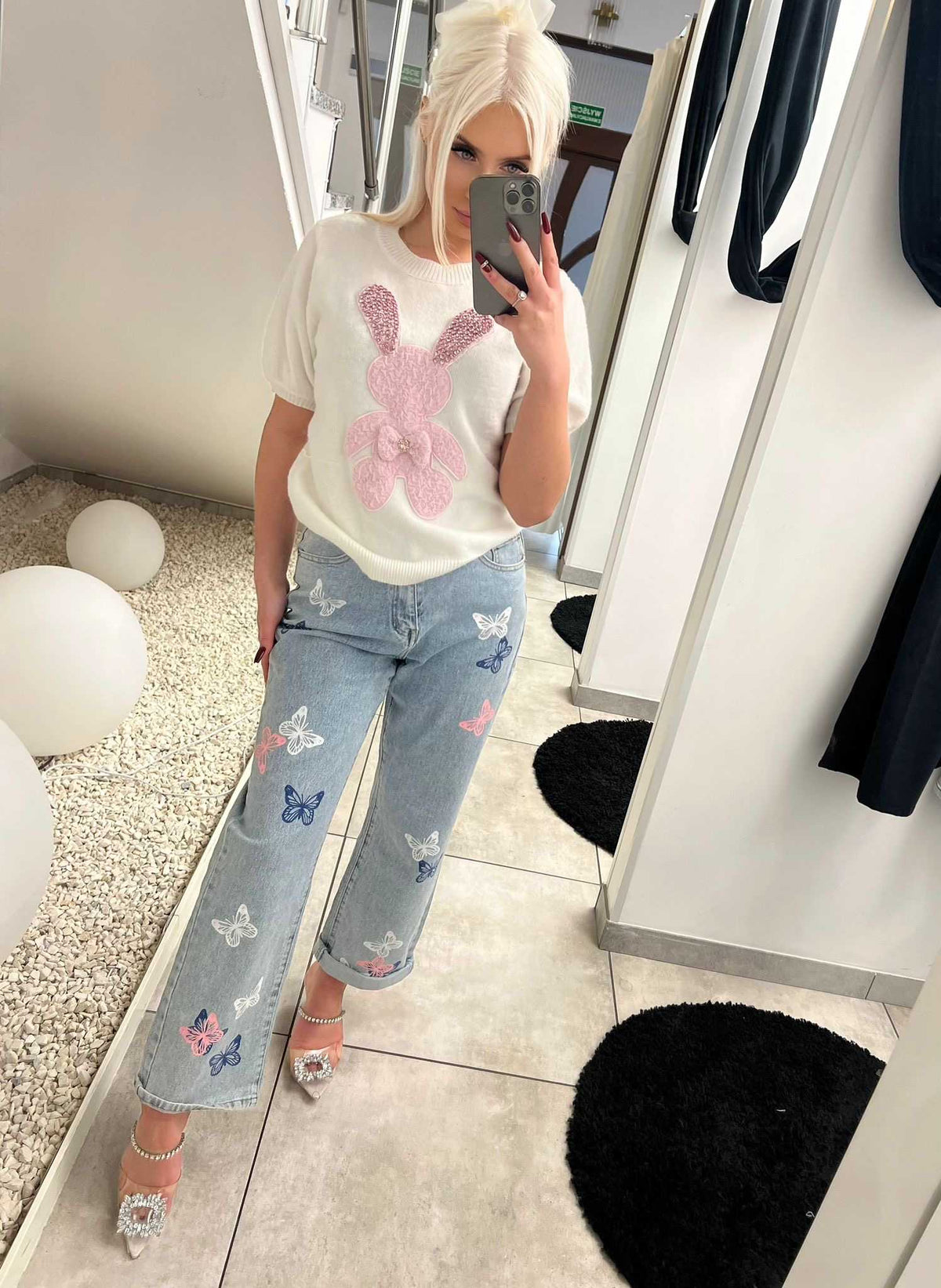 NB995 Spodnie Jeansy Denim Mom Fit Motylki