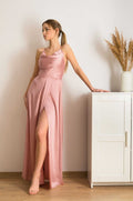 M565 Klasyczna Sukienka na Wesele Maxi Satin Pudrowy Róż