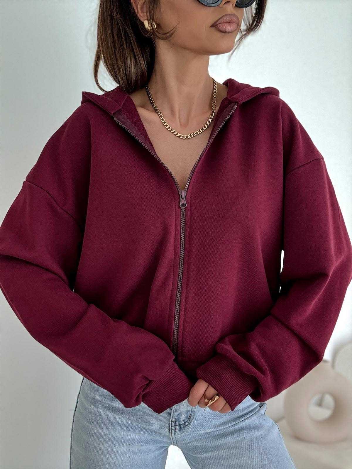 BC660 Bluza Na Zamek Z Kapturem Bawełna Bordowa