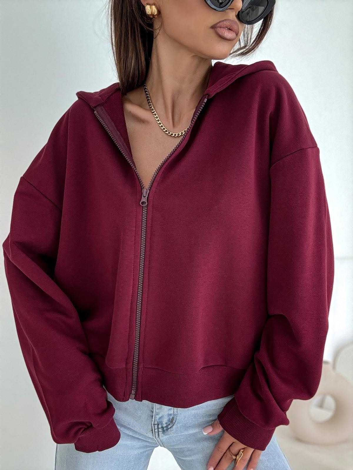 BC660 Bluza Na Zamek Z Kapturem Bawełna Bordowa