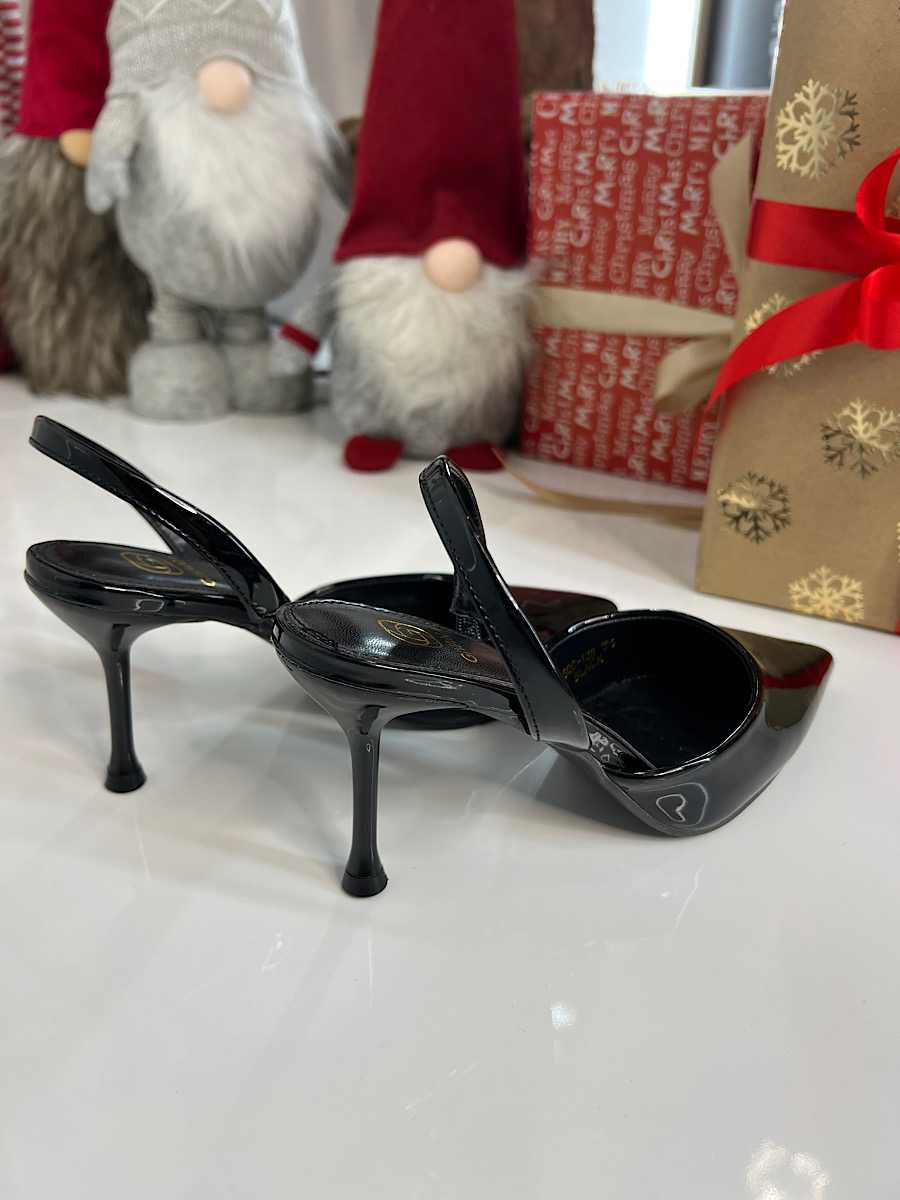 B098 Eleganckie Czarne Szpilki Slingback Lakier