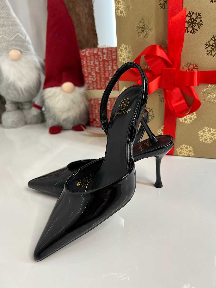 B098 Eleganckie Czarne Szpilki Slingback Lakier