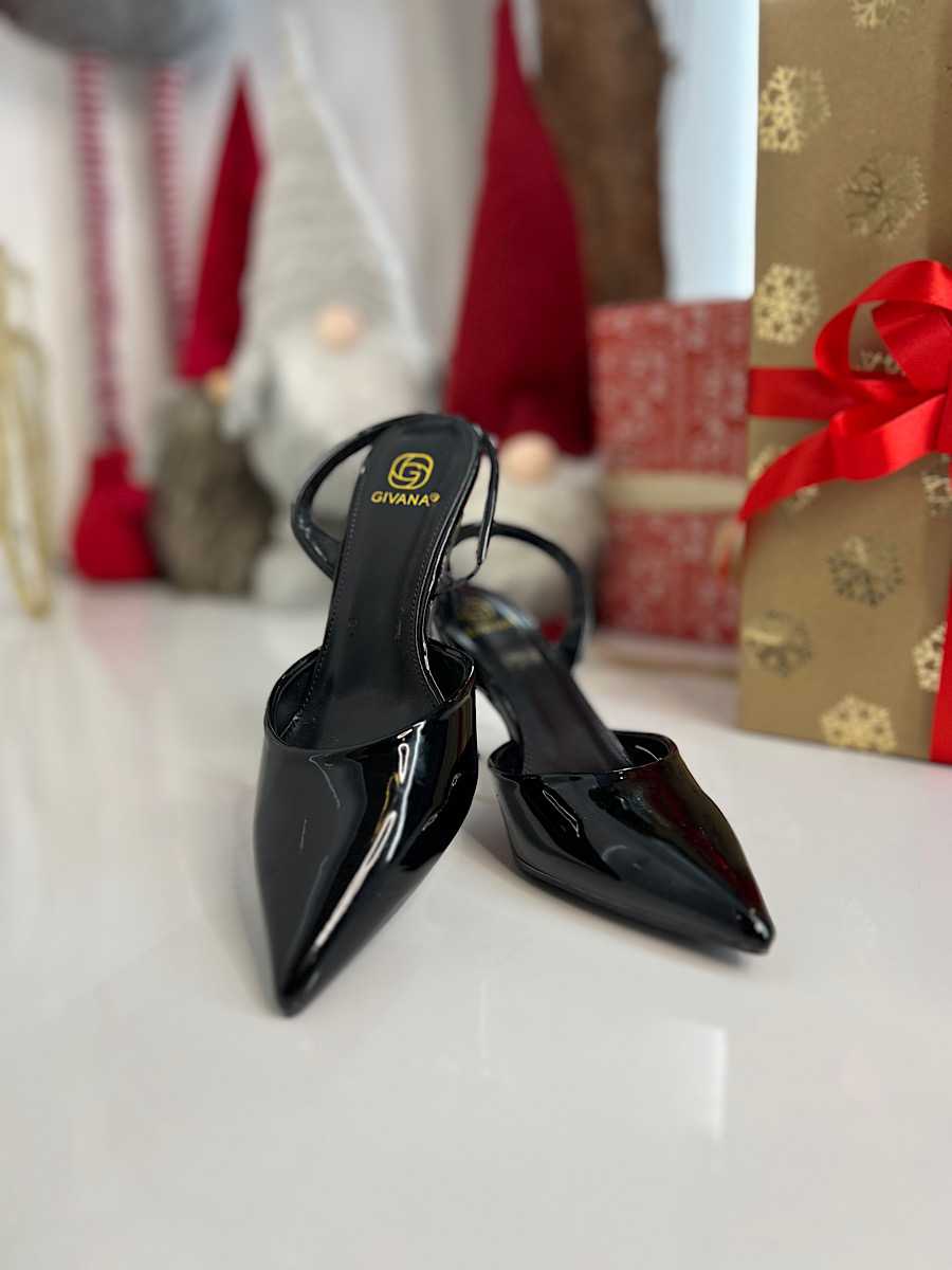 B098 Eleganckie Czarne Szpilki Slingback Lakier
