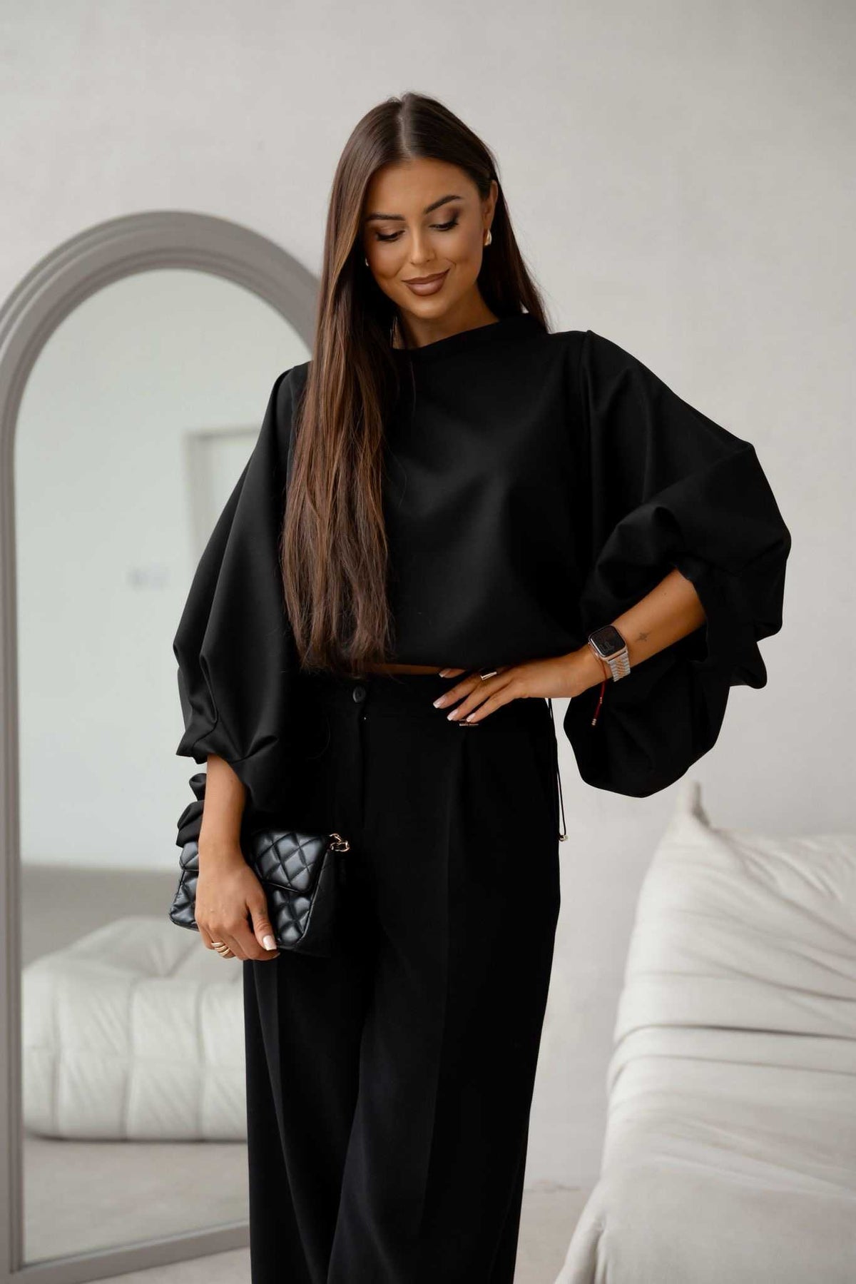LV094 Eleganckie Spodnie Szeroka Nogawka La Vestino Czarne