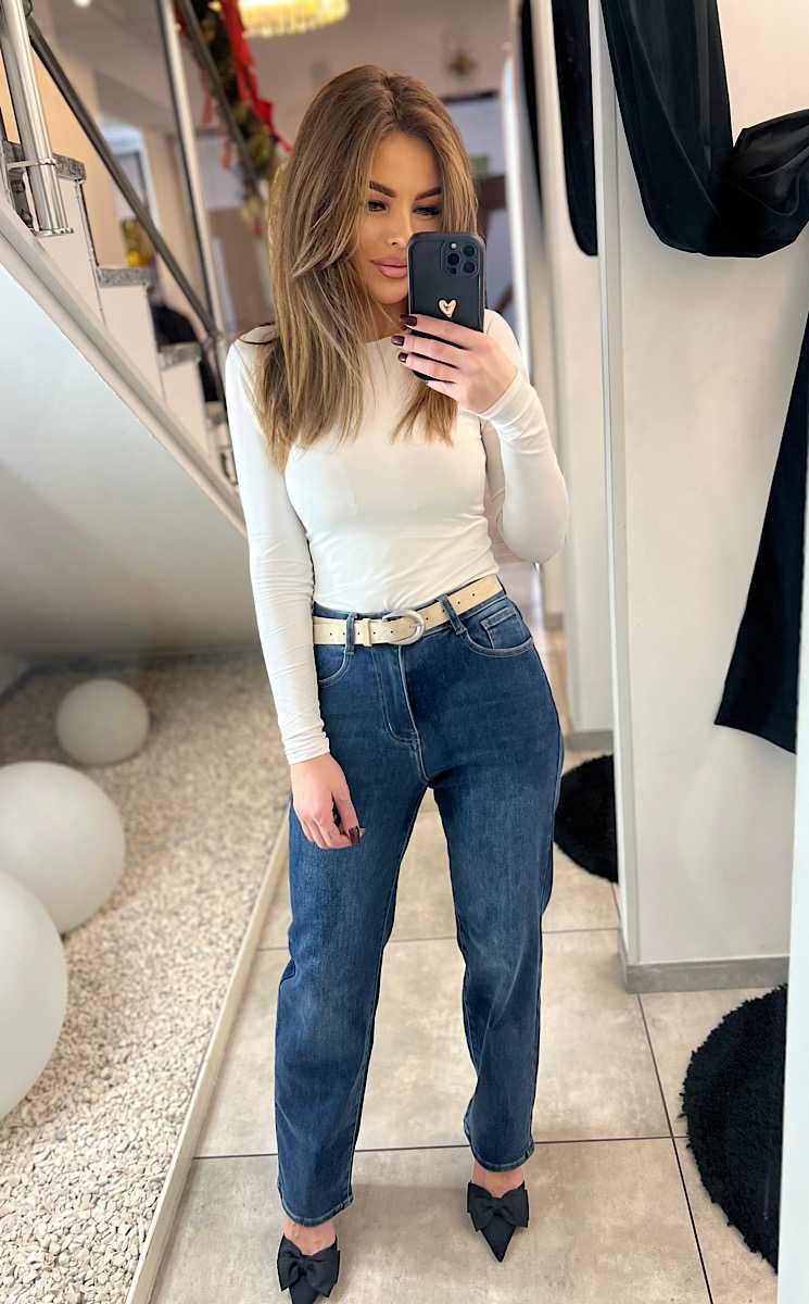 NB839 Spodnie Granatowe Jeansy Wide Leg Prosta Nogawka + Jasny Pasek
