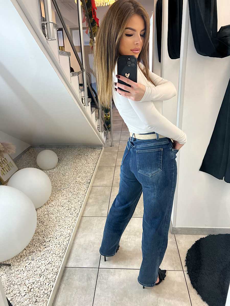 NB839 Spodnie Granatowe Jeansy Wide Leg Prosta Nogawka + Jasny Pasek