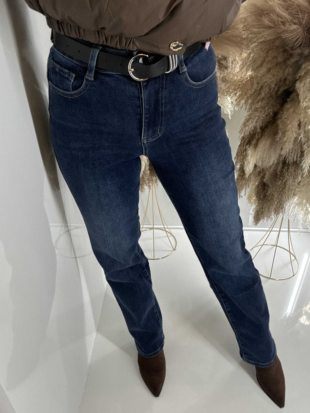 NB840 Spodnie Granatowe Jeansy Wide Leg Prosta Nogawka +pasek
