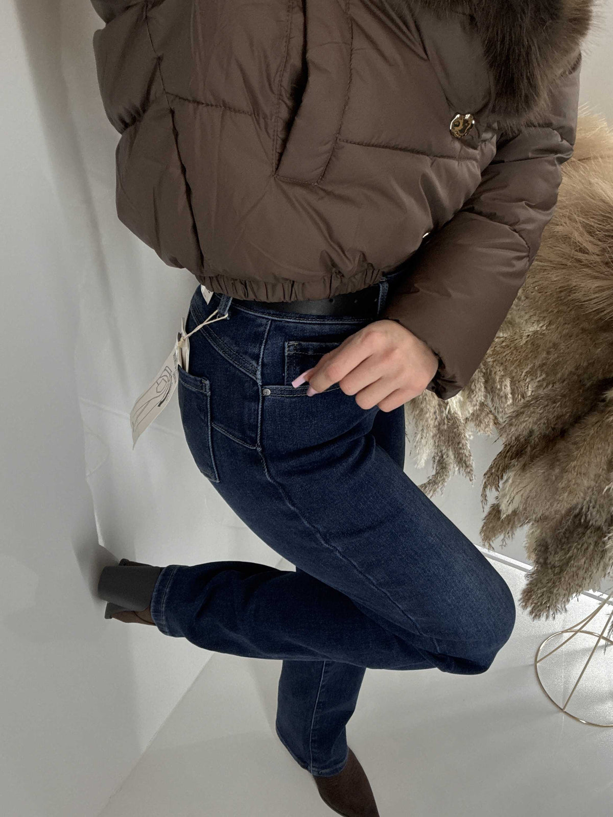 NB840 Spodnie Granatowe Jeansy Wide Leg Prosta Nogawka +pasek