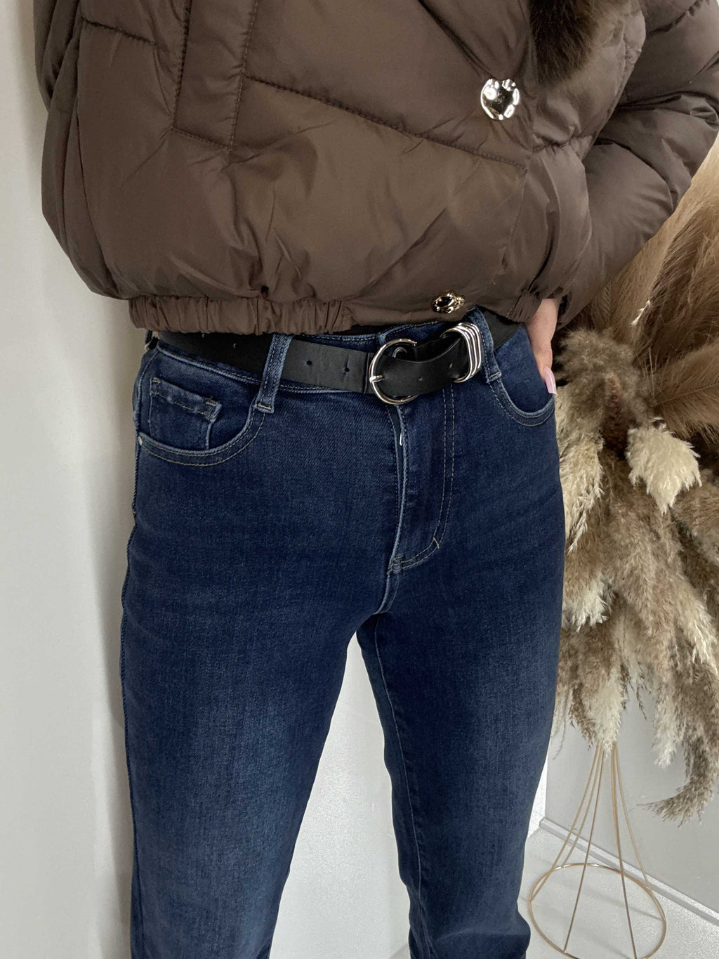 NB840 Spodnie Granatowe Jeansy Wide Leg Prosta Nogawka +pasek