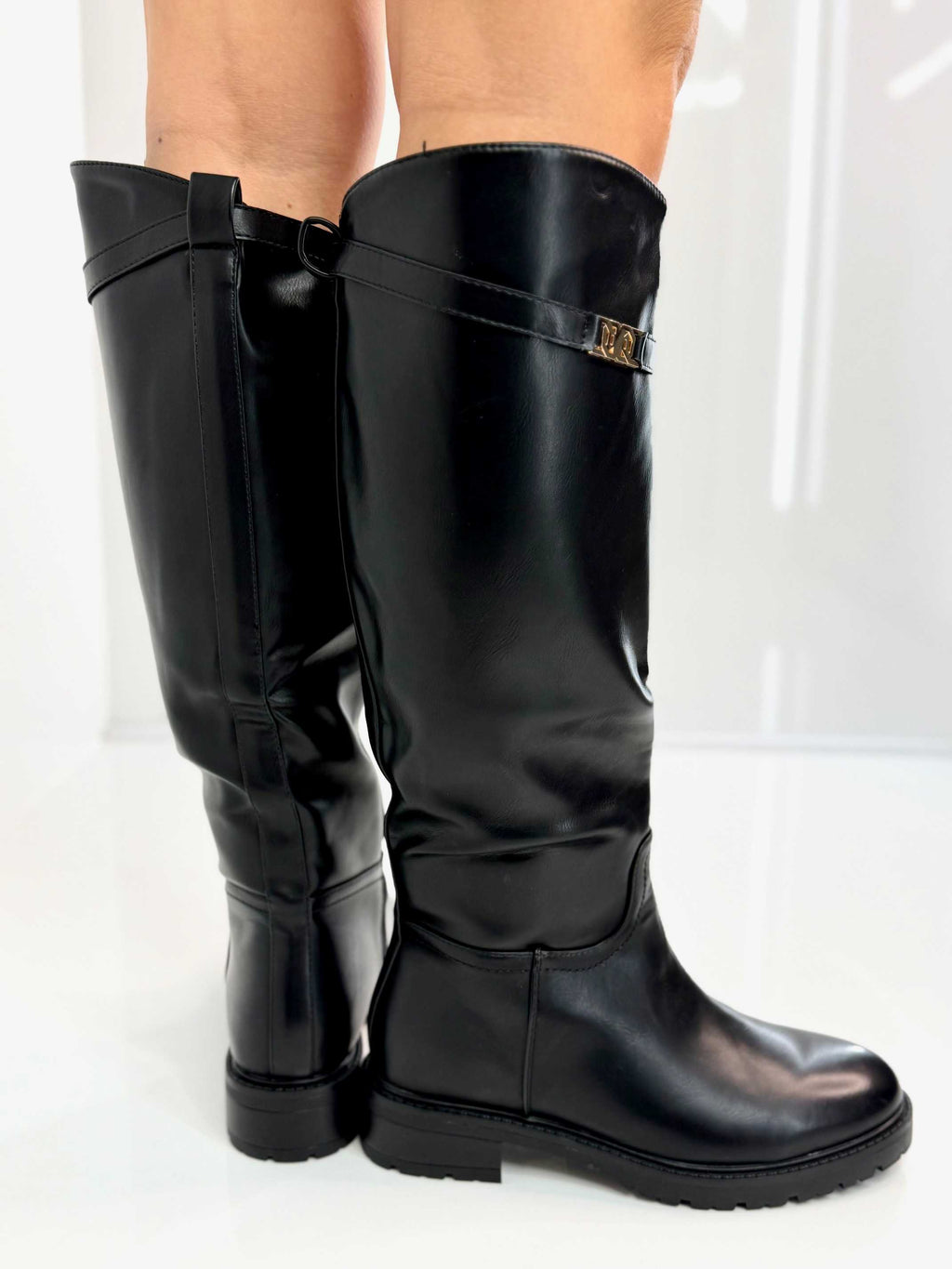 B002 Buty Kozaki Oficerki Damskie Ekoskóra Czarne