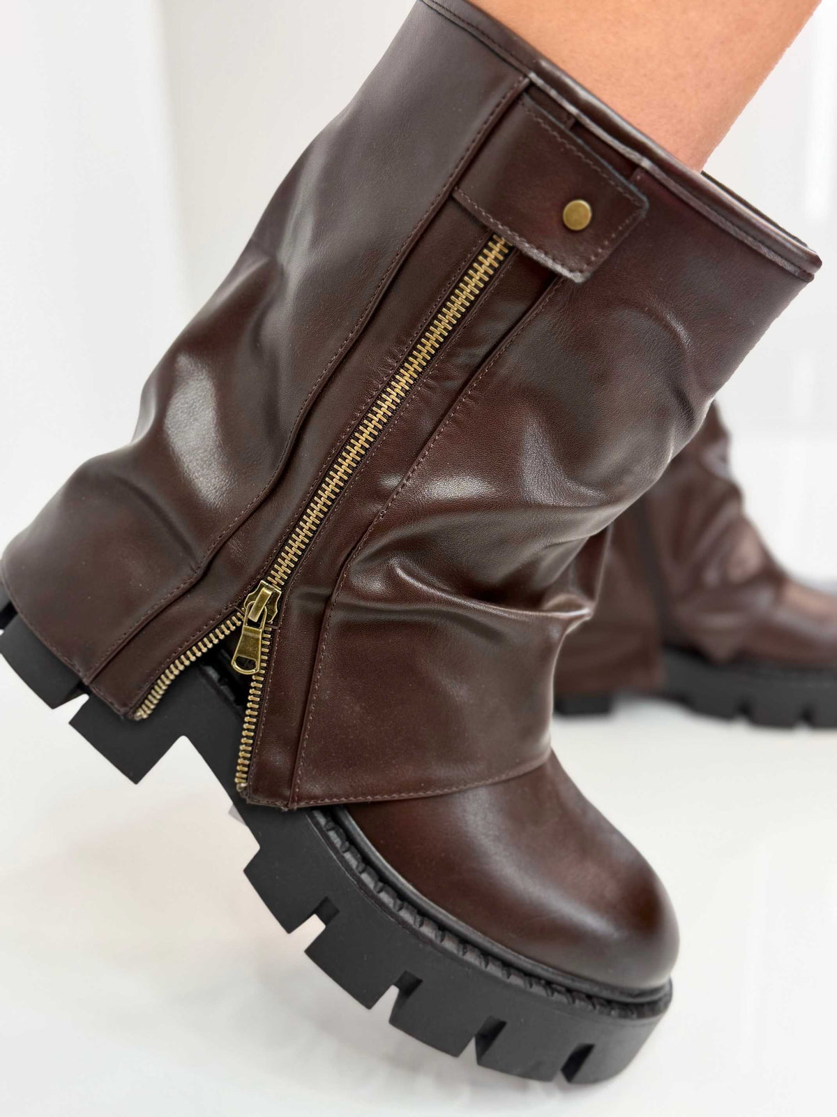 B753 Botki Workery Damskie ZIP Czekolada