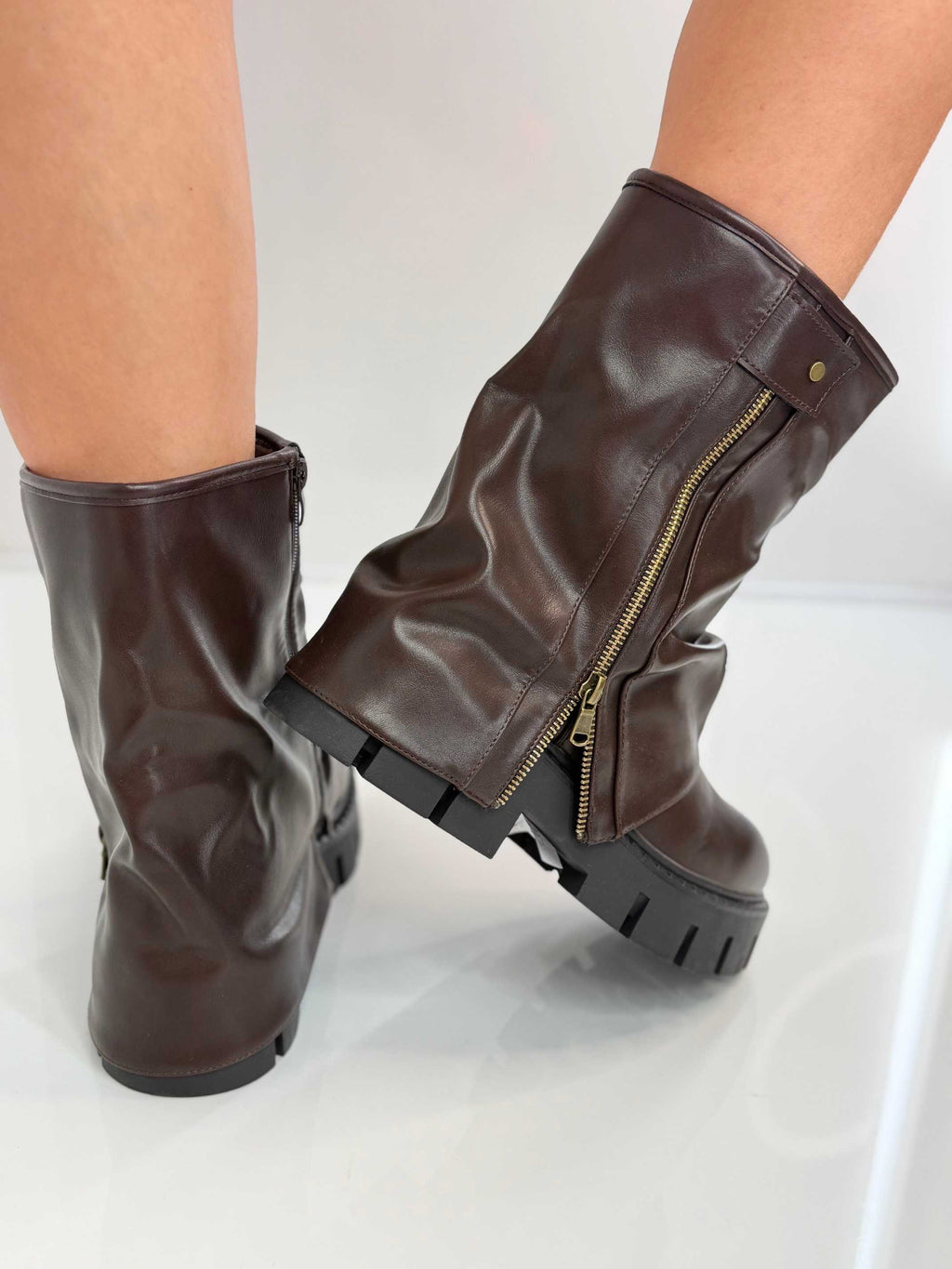 B753 Botki Workery Damskie ZIP Czekolada