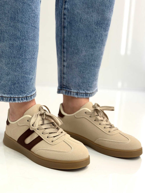 B319 Sneakersy Damskie Trampki W Stylu Retro– Modne Buty Sportowe z Paskami Ekoskóra Beż + Brąz