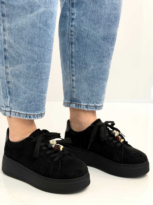 B317 Sneakersy Damskie Czarne Na Platformie Modne Buty Sportowe z Cyrkoniami i Złotymi Dodatkami, Ekoskóra Zamszowa