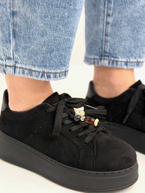 B317 Sneakersy Damskie Czarne Na Platformie Modne Buty Sportowe z Cyrkoniami i Złotymi Dodatkami, Ekoskóra Zamszowa