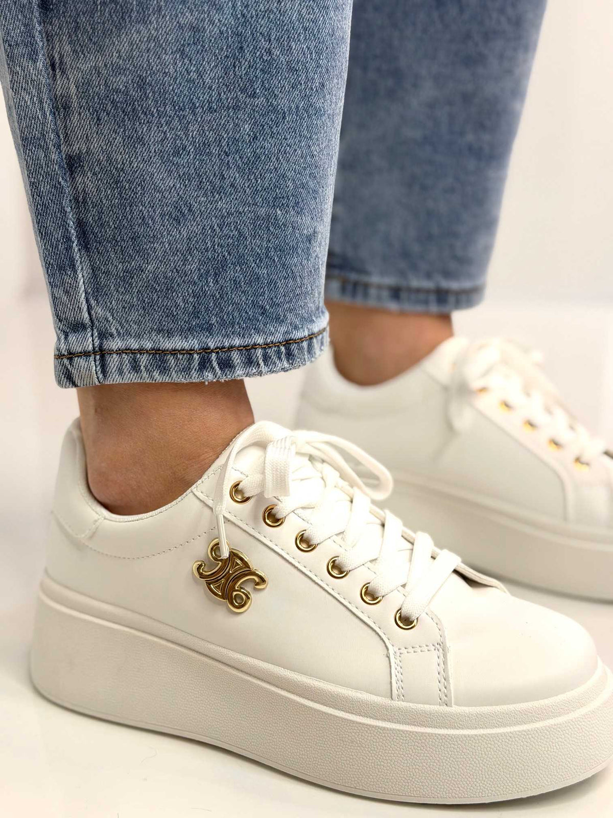B320 Buty Sneakersy Damskie Adidasy Białe na Platformie z ozdobnym logo