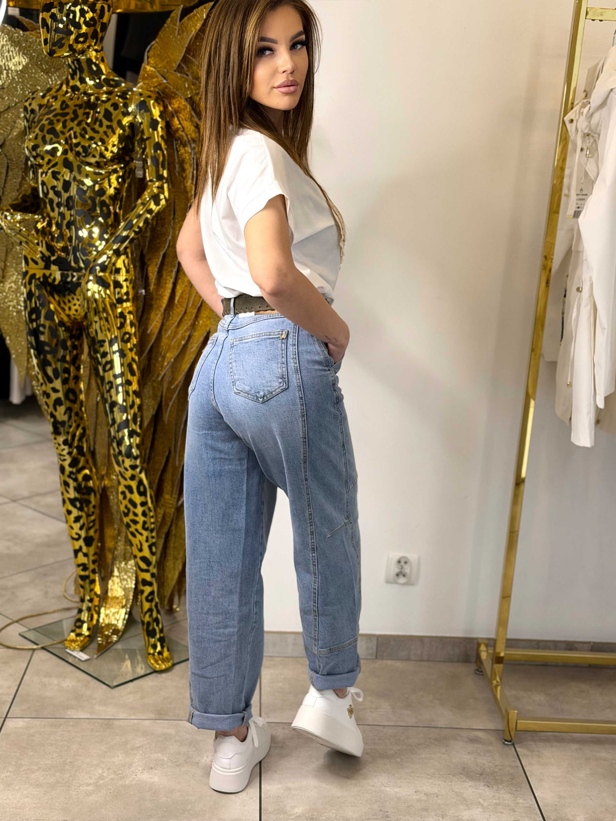NB272 Spodnie Jeansy Damskie Baloon Cienkie Przeszycia i Paskiem