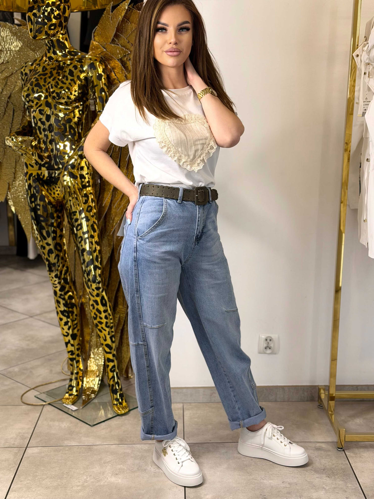 NB272 Spodnie Jeansy Damskie Baloon Cienkie Przeszycia i Paskiem