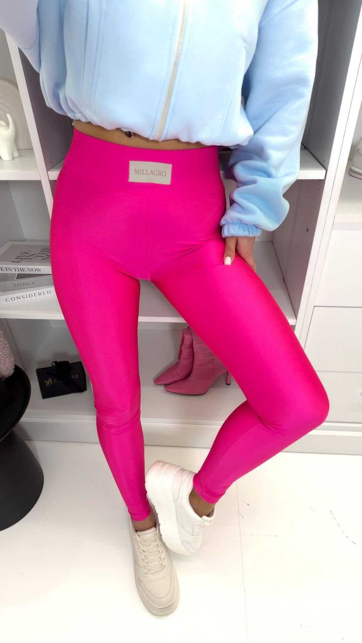ML401 Legginsy Modelujące Damskie Millagro Naszywka z Logo Neon Róż
