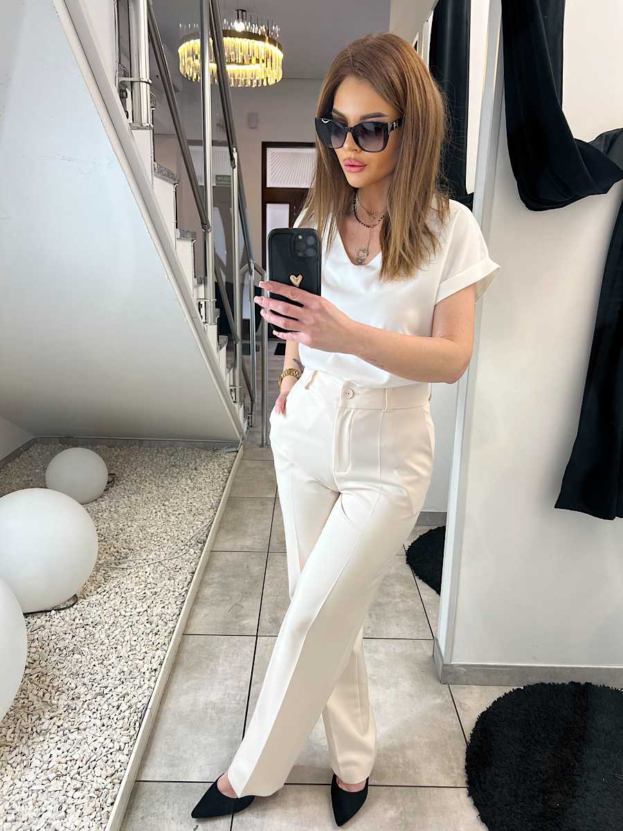 PP874 Eleganckie Spodnie Damskie Szeroka Prosta Nogawka Beżowe