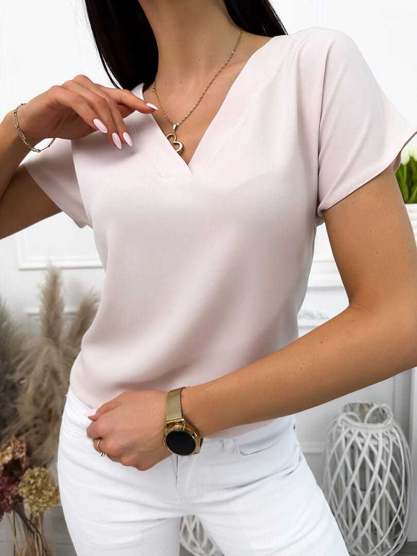 PP768 Elegancka Bluzka Damska z Dekoltem V Beżowa