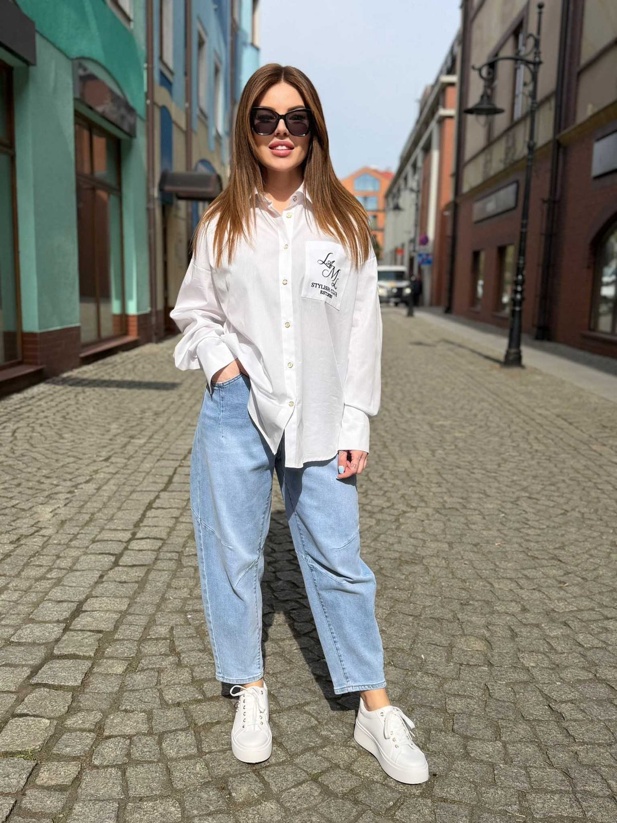 NB225 Spodnie Jeansy Damskie M.SARA Balloon Fit Elastyczne + Pasek
