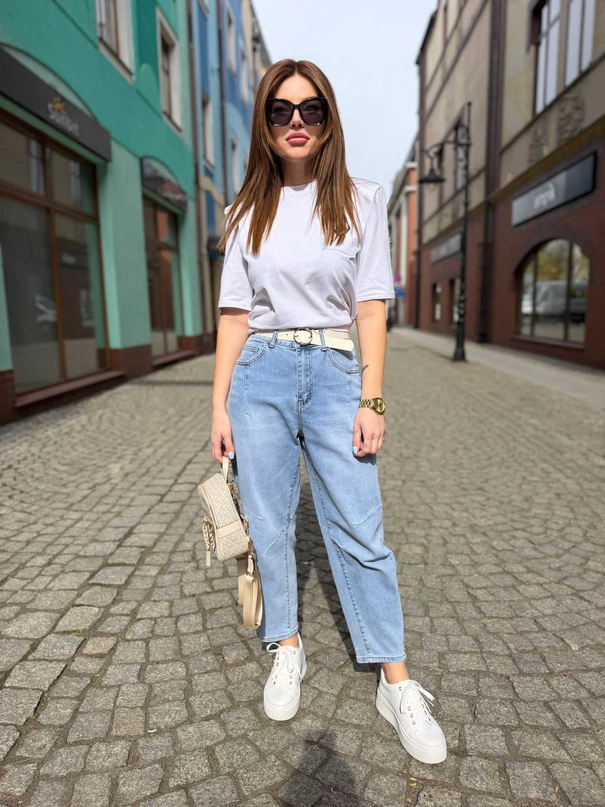 NB225 Spodnie Jeansy Damskie M.SARA Balloon Fit Elastyczne + Pasek