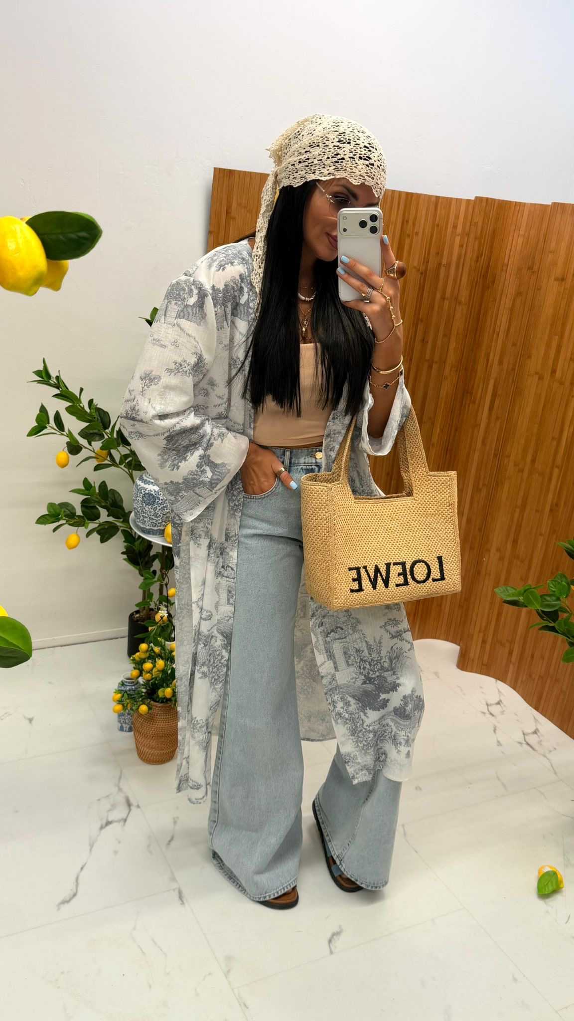 LM461 Letnie Kimono / Narzutka z Lnu Diorek Biało-Szary La Milla