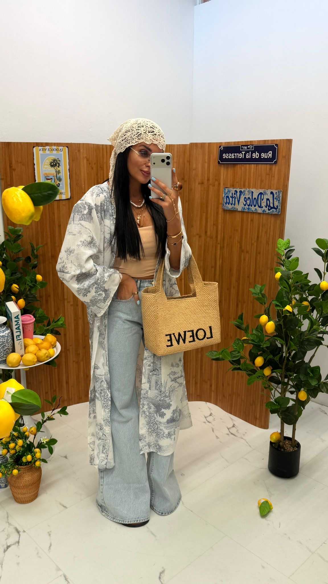 LM461 Letnie Kimono / Narzutka z Lnu Diorek Biało-Szary La Milla