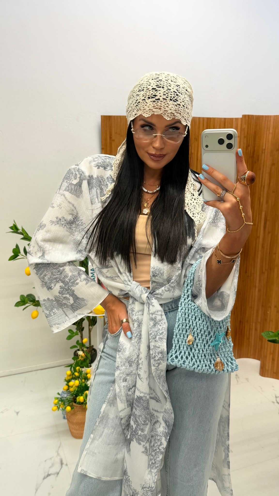 LM461 Letnie Kimono / Narzutka z Lnu Diorek Biało-Szary La Milla