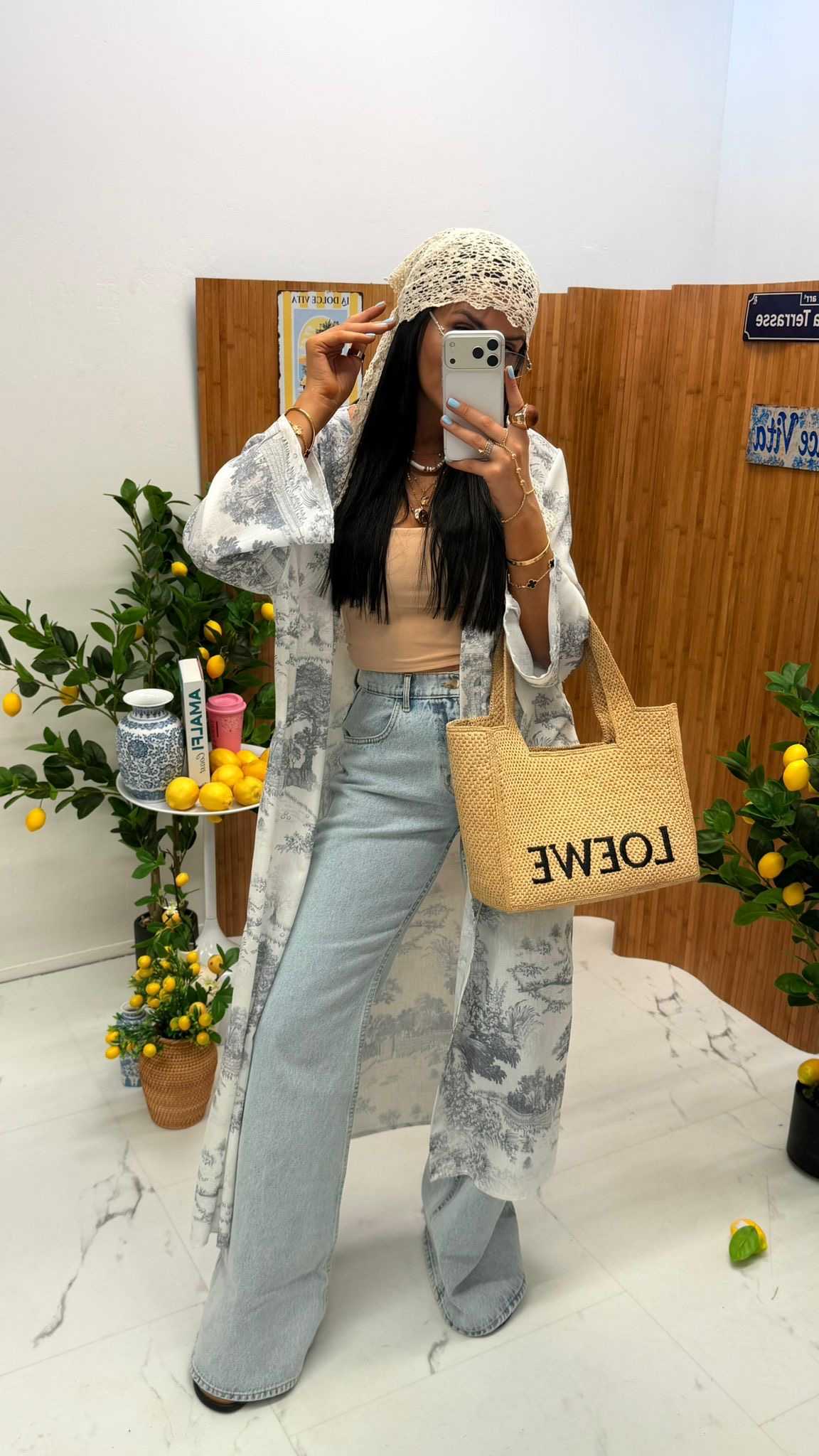 LM461 Letnie Kimono / Narzutka z Lnu Diorek Biało-Szary La Milla