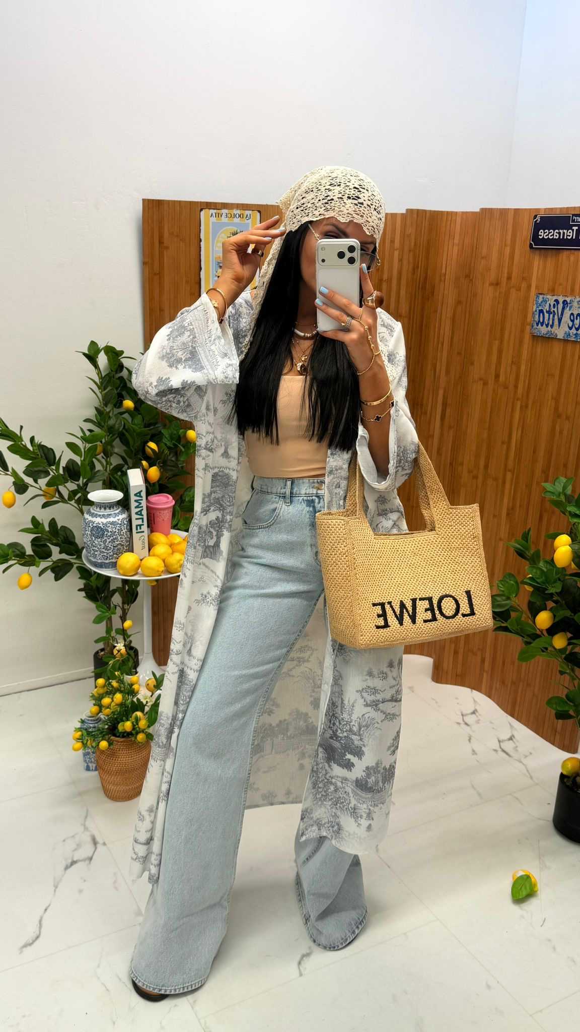 LM461 Letnie Kimono / Narzutka z Lnu Diorek Biało-Szary La Milla