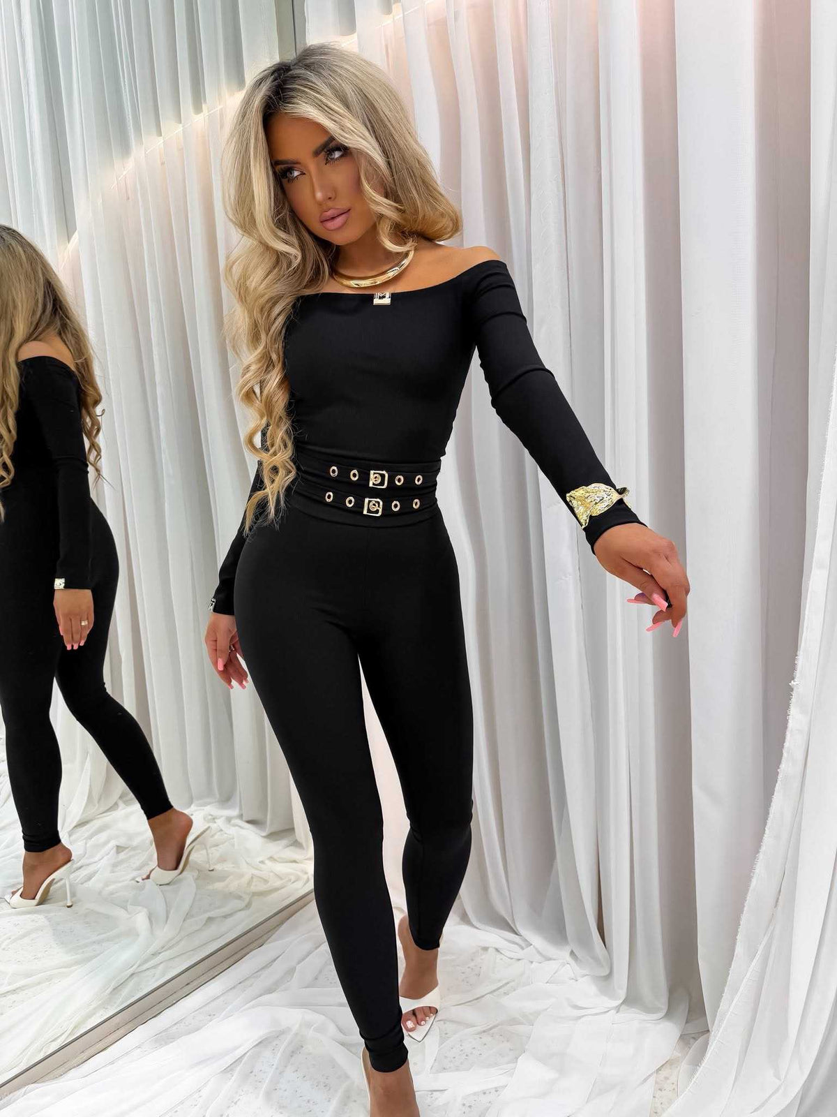 LM349 Legginsy Damskie Modelujące La Monne Gold Stripe Czarne