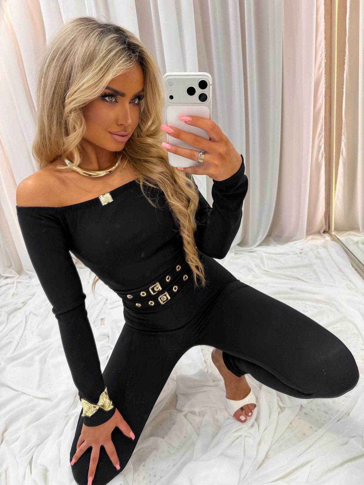 LM349 Legginsy Damskie Modelujące La Monne Gold Stripe Czarne