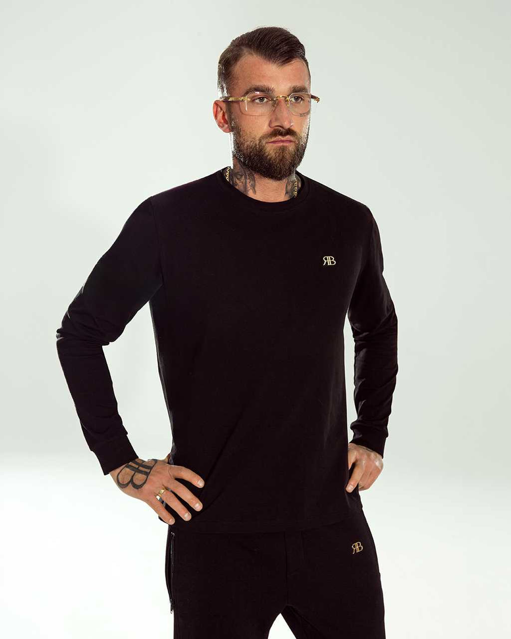 RB385 T-shirt Męski Czarny Basic Premium Longsleeve Ricco&Bella