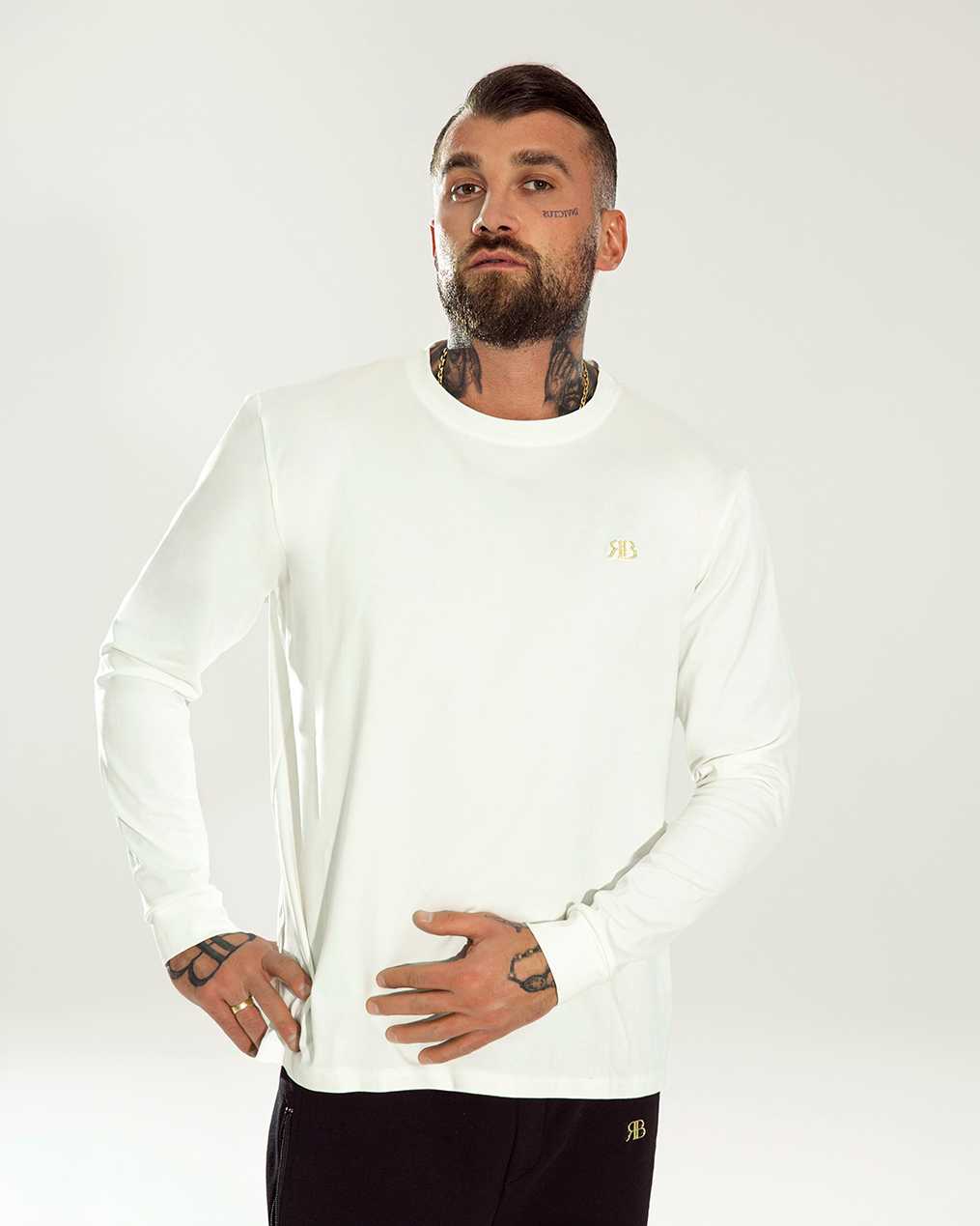 RB385 T-shirt Męski Biały Basic Premium Longsleeve Ricco&Bella