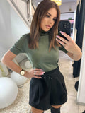 NB606 Sweter Damski z Gofem Wiskoza Krótki Rękaw Khaki