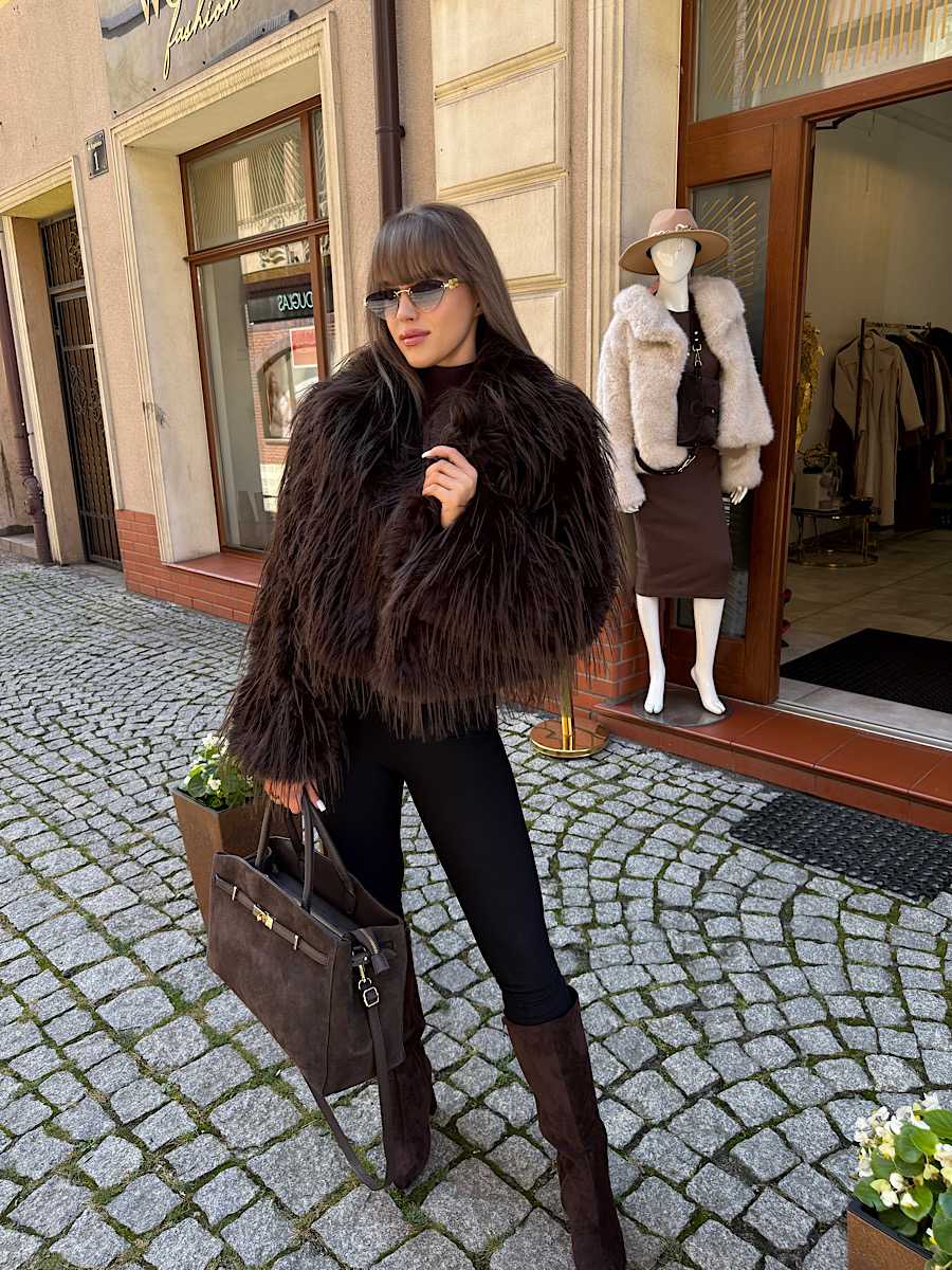 NB782 Eleganckie Futerko Damskie Lama z Kołnierzem Brązowe
